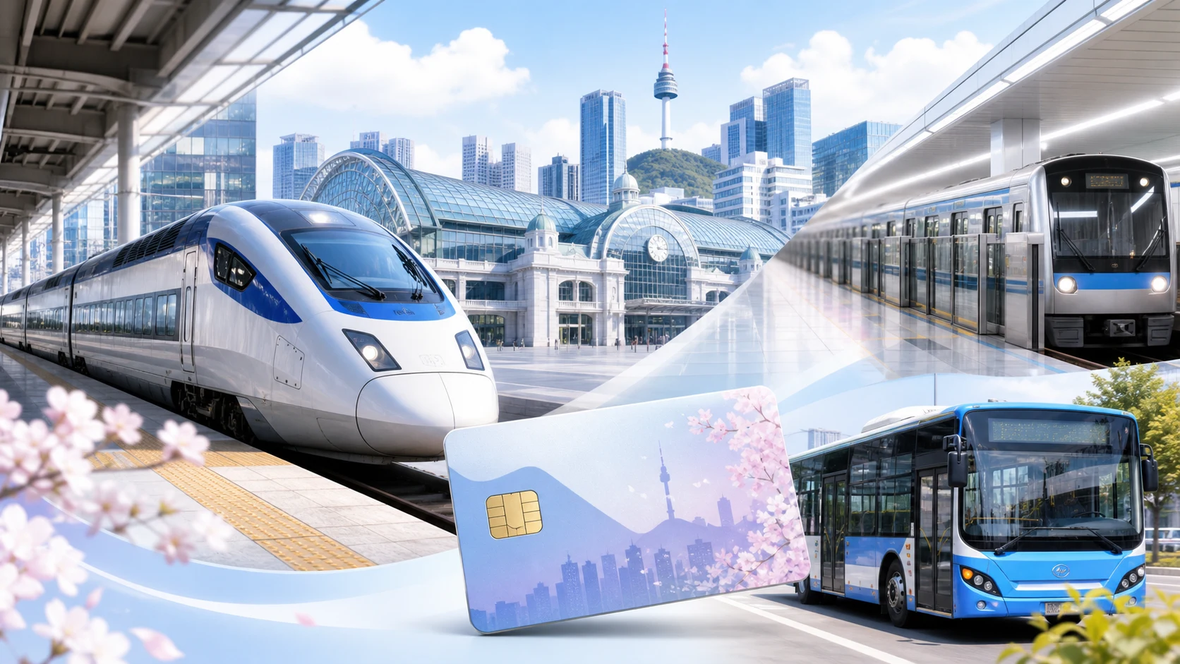 KTX, 지하철, 버스, 교통카드가 조화된 한국 교통 이미지
