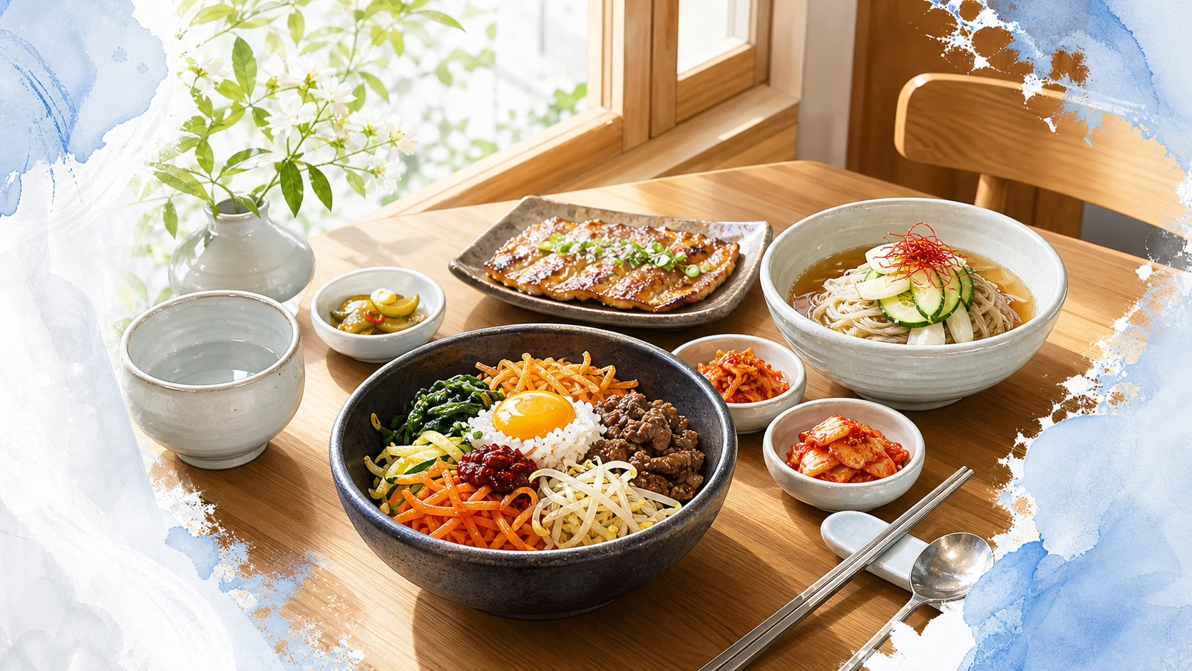 비빔밥, 국수, 반찬이 놓인 고급 한식 테이블 이미지